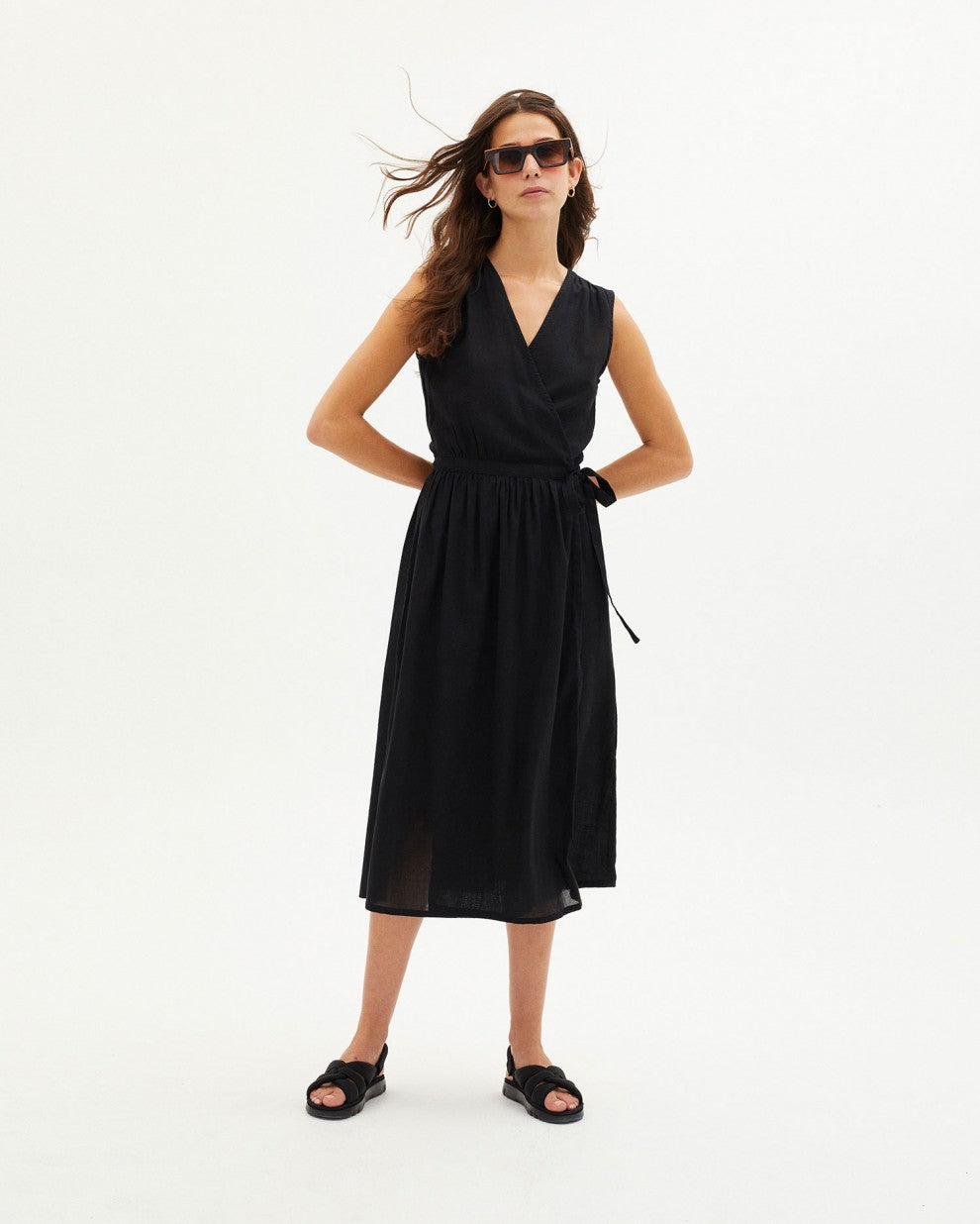 Amapola Sleeveless Wrap Dress Black Organic Cotton Size XL